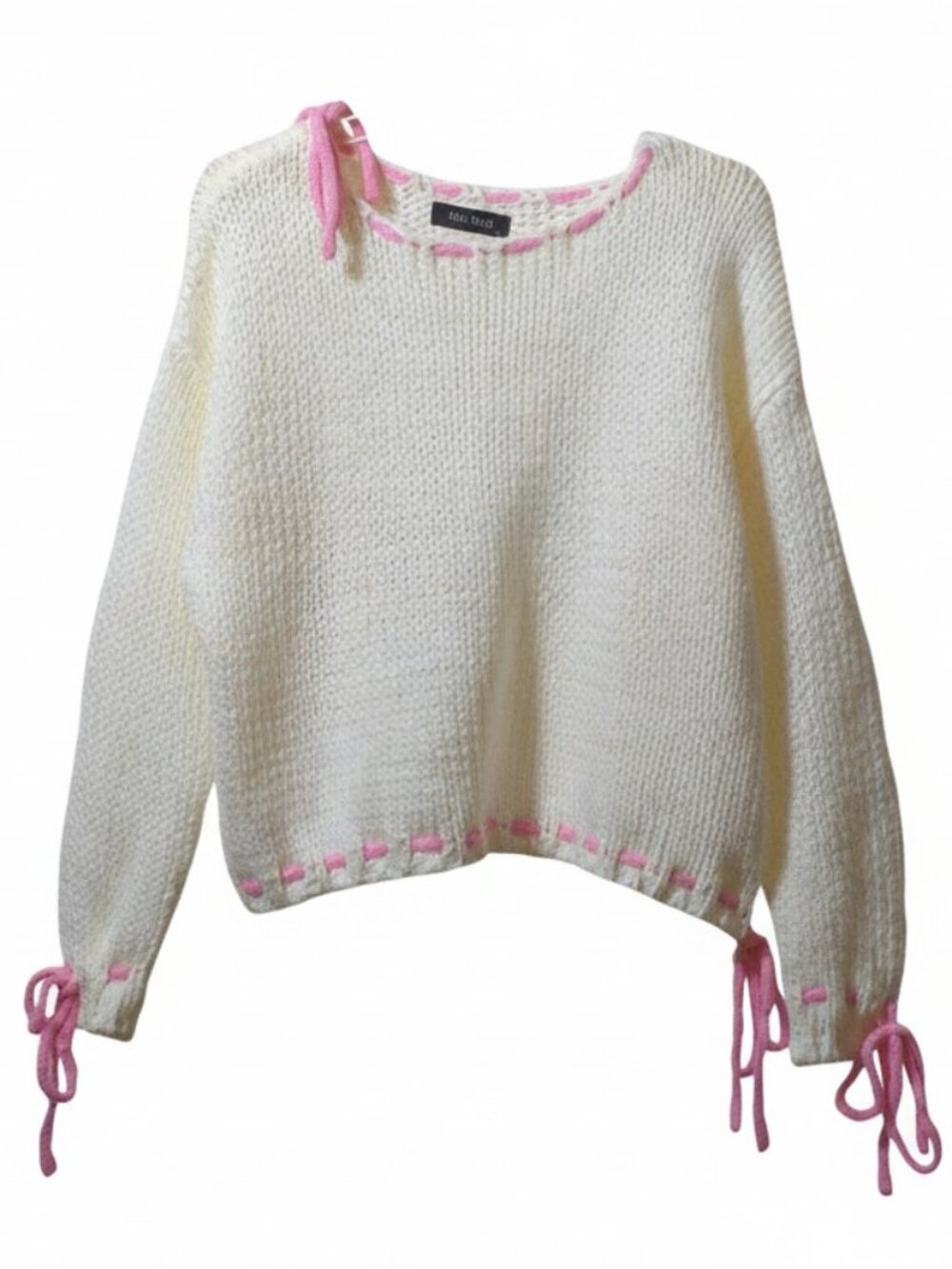 Cream Pink Chunky Knit Sweater Womens Small Tie Sleeve Cottagecore Boho Cozy